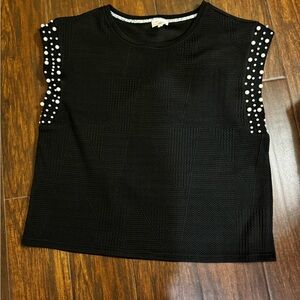 Umgee Black Short Sleeve Top with Pearl Details